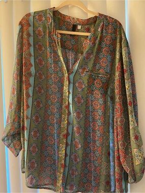 Printed Olive Green Boho Button-Front Women's Top